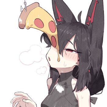 ahoge animal_ear_fluff animal_ears blush bow braid breath cocomayo29_(tomato) colored_inner_animal_ears commentary dark_persona fingernails food fox_ears fox_girl hair_bow hair_over_eyes half-closed_eyes hololive kurokami_fubuki penis_awe pizza pizza_slice shirakami_fubuki side_braid sidelocks simple_background sleeveless sleeveless_turtleneck sweat symbol-only_commentary turtleneck virtual_youtuber