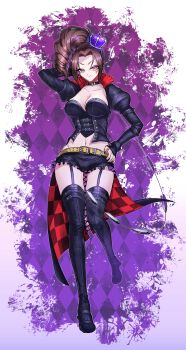 belt black_boots black_nails boots breasts brown_eyes brown_hair checkered_clothes choker cleavage coattails corset crown dominatrix drill_hair eyelashes frilled_shorts frills garter_straps hand_on_own_hip high_collar highres idol idol_clothes kai_(sengoku_musou) large_breasts long_eyelashes long_hair long_nails midriff mini_crown nail_polish navel official_alternate_costume parted_bangs ponytail puffy_sleeves sengoku_musou short_shorts shorts side_ponytail smile sword thigh_boots thighs weapon whip_sword