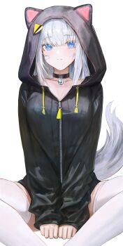 1girl absurdres animal_hood arknights arknights:_endfield bandaid bandaid_on_face bell between_legs blue_eyes bright_pupils cat_hood cat_tail closed_mouth commentary estella_(arknights) flippy_(cripine111) hand_between_legs highres hood hood_up hooded_jacket jacket long_hair looking_at_viewer neck_bell no_pants simple_background sitting solo straight-on tail thighhighs white_background white_hair white_pupils white_thighhighs