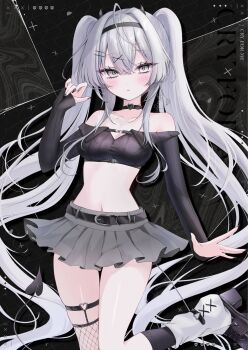 Rule 34 | 1girl, arm up, belt, belt collar, black belt, black collar, black dress, black hairband, black nails, black socks, block heels, breasts, cleavage, collar, collarbone, commentary, cowboy shot, cropped dress, demon horns, double-parted bangs, dress, fingernails, grey eyes, grey hair, grey skirt, hair between eyes, hair intakes, hair ornament, hairband, hairclip, heart, heart belt buckle, heart o-ring, highres, horns, klee-on, knees together feet apart, leg up, leg warmers, light blush, long hair, long sleeves, looking at viewer, medium breasts, midriff, miniskirt, mole, mole on collarbone, nail polish, navel, o-ring, o-ring thigh strap, off-shoulder dress, off shoulder, original, parted lips, pleated skirt, sidelocks, single fishnet legwear, skindentation, skirt, sleeves past wrists, socks, solo, standing, standing on one leg, symbol-only commentary, tail, thigh strap, thighs, twintails, very long hair, x hair ornament