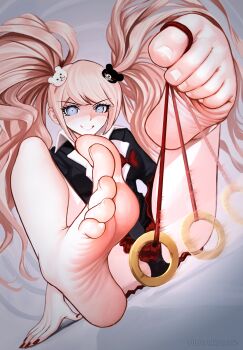 1girl @_@ afterimage artist_name bare_legs barefoot big_hair black_panties character_hair_ornament collared_shirt commentary commission danganronpa_(series) english_commentary enoshima_junko eyelashes feet foot_focus foreshortening full_body grey_background grey_eyes hair_ornament highres holding holding_pendulum holding_string holding_with_feet hypnotizing_viewer long_hair looking_at_viewer mixed-language_commentary monokuma motion_lines panties pendulum pink_hair puffypinkpaws red_nails red_skirt school_uniform shadow shirt simple_background sitting skirt smile soles solo string toe_scrunch toenails toes twintails underwear v-shaped_eyebrows very_long_hair