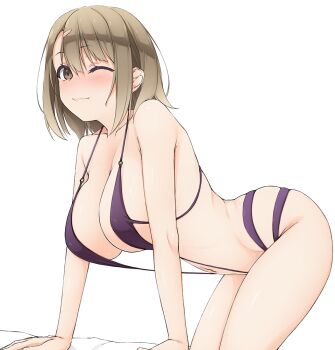 1girl ;) all_fours blush breasts brown_eyes brown_hair chanto_suenai_kyuuketsuki-chan cleavage commentary_request hinata_masaki large_breasts medium_hair navel one_eye_closed purple_slingshot_swimsuit sakuma_eiko simple_background slingshot_swimsuit smile solo stomach swimsuit thighs white_background