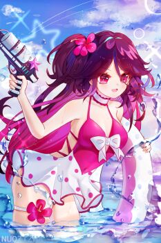 Rule 34 | 1girl, absurdres, benghuai xueyuan, blue sky, breasts, chinese commentary, commentary request, dress, dress swimsuit, flower, hair flower, hair ornament, highres, holding, holding swim ring, holding water gun, honkai (series), houraiji kyuushou, innertube, long hair, medium breasts, ocean, open mouth, purple dress, purple eyes, purple hair, shanxinxiaozi, sky, solo, swim ring, thigh strap, thighs, very long hair, water gun, white dress