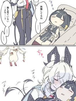 2girls abby_(wuthering_waves) ahoge bare_shoulders black_dress black_gloves black_hair black_horns black_pants black_tail breasts closed_eyes commentary_request curled_horns demon_tail dress earrings female_rover_(wuthering_waves) gloves hair_ribbon hands_on_own_stomach high-waist_pants highres horns jewelry key_earrings kiss kissing_cheek large_breasts mole mole_under_eye multiple_girls mutii necktie pants red_necktie ribbon rover_(wuthering_waves) shirt shirt_tucked_in sleeping tail tail_wagging thighs tight_clothes tight_pants translation_request white_background white_hair white_shirt wuthering_waves yellow_ribbon yuri zani_(wuthering_waves) zzz