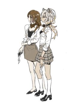 Rule 34 | 2girls, animal ears, artist request, blonde hair, cellphone, chasca (genshin impact), dark-skinned female, dark skin, delinquent, feathers, genshin impact, headphones, headphones around neck, high heel loafers, high heels, highres, implied yuri, multiple girls, phone, pointy ears, scarf, school uniform, skirt, sukeban, white background, xilonen (genshin impact)