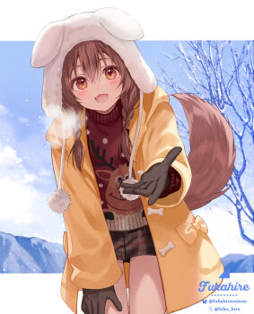 1girl :3 :d animal_ears animal_hat bare_tree black_gloves braid breath brown_eyes brown_hair brown_shorts chullo coat commentary day dog_ears dog_girl dog_hat dog_tail double-parted_bangs fangs fukahire_(ruinon) gloves hair_between_eyes hair_over_shoulder hat highres hololive hood hooded_coat inugami_korone letterboxed light_blush long_hair looking_at_viewer low_twin_braids official_artist_extra open_mouth outdoors plaid_clothes plaid_shorts reaching reaching_towards_viewer red_sweater short_shorts shorts smile snow solo sweater symbol-only_commentary tail tree turtleneck turtleneck_sweater twin_braids virtual_youtuber white_hat winter yellow_coat