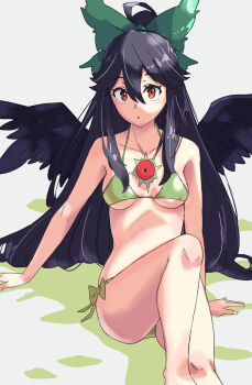 Rule 34 | 1girl, :o, alternate costume, arm support, bikini, bird girl, bird wings, black hair, black wings, bow, breasts, breasts apart, commentary request, double-parted bangs, feathered wings, feet out of frame, green bikini, green bow, hair between eyes, hair bow, highres, jack (wkm74959), large bow, long hair, looking at viewer, medium breasts, open mouth, raised eyebrows, red eyes, reiuji utsuho, side-tie bikini bottom, sidelocks, sitting, solo, straight-on, straight hair, swimsuit, touhou, wings