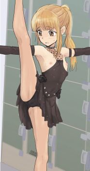 1girl armpits black_dress black_panties blonde_hair blush brown_eyes cameltoe cerealxs dress female_focus flat_chest highres loli medalist medalist_(manga) nipples panties ponytail sarukawa_rinna solo split standing standing_on_one_leg standing_split sweat thighs underwear