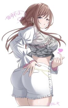 1girl ass blush breasts brown_hair crop_top earrings flour_clavicule from_behind gakuen_idolmaster grey_shirt hair_bun hand_on_own_ass heart himesaki_rinami idolmaster japanese_text jewelry large_breasts long_hair looking_back open_mouth purple_eyes shirt short_shorts shorts solo standing tight_clothes white_background white_shorts white_sleeves