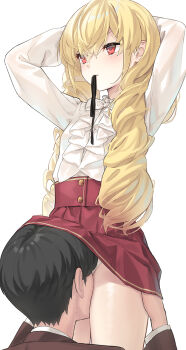 1boy 1girl arms_behind_head arms_up black_hair black_ribbon blonde_hair blush bow breasts brown_jacket closed_mouth commentary_request fang fang_out hair_between_eyes head_under_skirt hetero highres jacket long_hair long_sleeves mouth_hold original panties peragura puffy_long_sleeves puffy_sleeves red_eyes red_skirt ribbon ribbon_in_mouth shirt simple_background skirt small_breasts solo_focus twintails underwear v-shaped_eyebrows very_long_hair white_background white_bow white_panties white_shirt