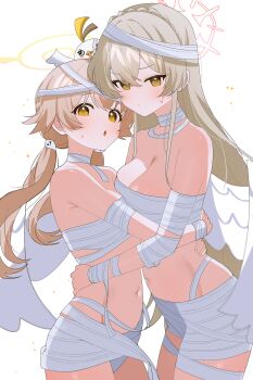2girls absurdres asymmetrical_docking bandaged_arm bandaged_head bandaged_neck bandages blonde_hair blue_archive braid breast_press breasts brown_eyes brown_hair cleavage commentary crown_braid double-parted_bangs flat_chest hair_between_eyes halo hifumi_(blue_archive) highres hug large_breasts long_hair looking_at_viewer low_twintails multiple_girls nagisa_(blue_archive) naked_bandage navel open_mouth peroro_(blue_archive) red_halo shusuchii simple_background small_breasts stomach symbol-only_commentary twintails white_background yellow_eyes yellow_halo