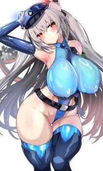 1girl animal_ears armpits belt between_breasts blue_gloves blue_hat blue_leotard blue_thighhighs blush breasts cameltoe cat_ears cat_girl cat_tail elbow_gloves gloves grey_hair hand_on_own_head hat highleg highleg_leotard huge_breasts leotard long_hair mouse_(animal) necktie necktie_between_breasts original police police_hat police_siren police_uniform policewoman prehensile_tail red_eyes smile sochikushou solo standing tail thick_thighs thigh_gap thighhighs thighs twintails wedgie white_background wide_hips