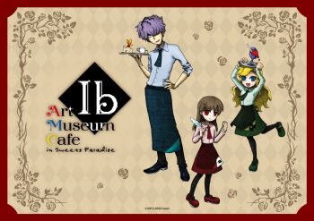 1boy 2girls ad alcohol apron arms_up artist_name ascot blonde_hair blue_apron blue_eyes blue_shoes bottle brown_background brown_hair cake carrying_overhead cat checkered_background closed_mouth cup dot_nose drink english_text floral_background flower food garry_(ib) green_apron green_ascot green_shirt green_shoes green_skirt hair_ornament hairclip hand_on_own_hip holding holding_tray ib_(ib) ib_(kouri) kouri_(monomu_kouri) liquid long_hair mary_(ib) medium_hair mug multiple_girls open_mouth pink_shirt purple_hair quill red_apron red_ascot red_eyes red_shoes red_skirt red_wine rose shirt shoes short_hair skirt smile spilling tray wine wine_bottle writing