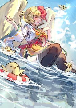 1girl alternate_costume bird black_thighhighs blonde_hair boots chicken chinese_commentary closed_eyes commentary_request commission detached_sleeves feathered_wings highres niwatari_kutaka no_shoes outdoors red_hair short_hair shouxishao_jiuyuan smile solo swim_ring thighhighs touhou touhou_lostword water wide_sleeves wings yellow_wings