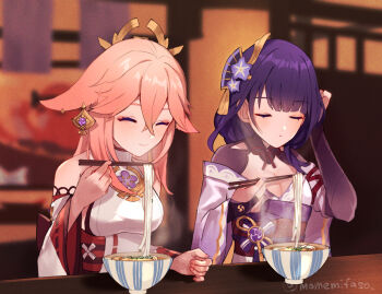 2girls animal_ears artist_name bare_shoulders blunt_bangs blurry blurry_background blush bowl braid breasts bridal_gauntlets chopsticks cleavage closed_eyes closed_mouth commentary_request couple detached_sleeves duplicate fan_hair_ornament flower flower_ornament food fox_ears fox_girl bad_tag genshin_impact hair_between_eyes hair_ornament headpiece holding holding_chopsticks indoors japanese_clothes jewelry kimono large_breasts leaning_forward light_smile long_hair long_sleeves looking_at_breasts looking_down mano_(m1n0f2e1) mole mole_under_eye multicolored_hair multiple_girls noodles parted_lips pendant pink_hair purple_flower purple_hair purple_kimono raiden_shogun red_sash sash sitting steaming_food twitter_username upper_body wavy_hair wide_sleeves yae_miko yuri