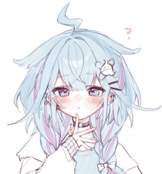 ahoge black_choker blue_eyes blue_hair blue_shirt braid choker closed_mouth commentary_request hair_flaps highres hololive hololive_dev_is jacket looking_at_viewer medium_hair mizumiya_su mizumiya_su_(1st_costume) multicolored_hair o-ring o-ring_choker pink_streaks saka_x_x shirt solo streaked_hair twin_braids virtual_youtuber white_jacket