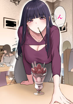 1girl bent_over blunt_bangs breasts cleavage cleavage_cutout clothing_cutout commentary_request cup drinking_glass food food_in_mouth fruit grey_skirt hands_on_table highres incoming_pocky_kiss indoors jewelry k_sanjo large_breasts long_hair necklace original parfait parfait_glass pencil_skirt people pocky pocky_in_mouth pov_across_table purple_eyes purple_hair purple_shirt restaurant shirt skirt solo_focus speech_bubble strawberry strawberry_parfait table translation_request
