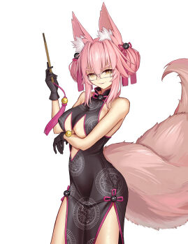 1girl animal_ear_fluff animal_ears bare_shoulders bell black_dress black_gloves breasts center_opening china_dress chinese_clothes double_bun dress fate/grand_order fate_(series) folding_fan fox_ears fox_girl fox_tail glasses gloves grin hair_between_eyes hair_bun hand_fan highres jingle_bell kapi-san koyanskaya_(chinese_lostbelt_outfit)_(fate) koyanskaya_(fate) large_breasts long_hair looking_at_viewer pink_hair side_slit sidelocks sleeveless sleeveless_dress smile solo tail tassel thighs underboob yellow_eyes