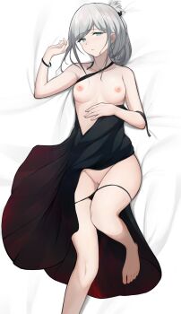 1girl absurdres an-94_(girls'_frontline) an-94_(silent_rouge)_(girls'_frontline) aqua_eyes bar_censor barefoot black_dress breasts breasts_apart censored cleft_of_venus commentary dress english_commentary feet feet_out_of_frame girls'_frontline gradient_clothes gradient_dress grey_hair highres looking_at_viewer lying navel nipples official_alternate_costume on_back panties parted_lips pussy red_dress sharp-pig simple_background solo stomach topless_female underwear