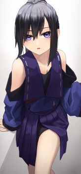 1girl black_hair commentary_request gradient_background hair_between_eyes highres kis_sako looking_at_viewer original ponytail purple_eyes sidelocks skirt solo