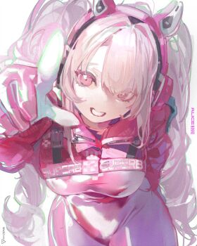 1girl alice_(nikke) animal_ear_headphones animal_ears bodysuit breasts character_name commentary_request copyright_name fake_animal_ears from_above gloves goddess_of_victory:_nikke grin headphones highres long_hair looking_at_viewer pink_bodysuit pink_eyes pink_gloves pink_hair pink_shrug shrug_(clothing) simple_background smile solo twintails vvv_rendez white_background