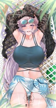 1girl alternate_breast_size_(larger) armpits arms_up bikini blue_bikini blue_eyes blurry blurry_foreground braid braided_bangs breasts bright_pupils commentary day eyewear_on_head flower food fruit grey_hair hair_flower hair_ornament highres hololive hololive_indonesia lace landacdeus large_breasts leaf_print long_hair looking_at_viewer lying midriff mismatched_bikini multi-strapped_bikini_top navel official_alternate_costume on_back on_hammock open_mouth outdoors palm_tree pavolia_reine pavolia_reine_(holonatsu_paradise) print_sarong sarong solo sunglasses swept_bangs swimsuit swimsuit_cover-up teeth tree upper_teeth_only very_long_hair virtual_youtuber watermelon white_bikini white_pupils