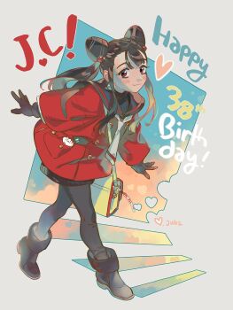 1girl achika_(overlord_jc) bag black_boots black_gloves black_hair black_pantyhose black_sailor_collar black_skirt boots borrowed_character buttons cone_hair_bun double-breasted double_bun english_text ermes_costello gift_art gloves hair_bun hair_ornament happy_birthday heart heart_hair_ornament highres jacket juby kuujou_jolyne long_hair long_sleeves neckerchief original pantyhose red_eyes red_jacket sailor_collar shoulder_bag skirt solo twintails white_bag white_neckerchief