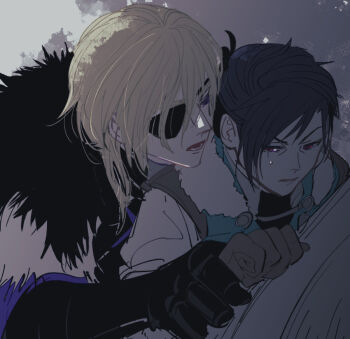 2boys armor black_armor black_fur black_hair black_shirt blue_cape blue_eyes brown_gloves cape commentary dimitri_alexandre_blaiddyd dimitri_alexandre_blaiddyd_(timeskip) emushino eyepatch felix_hugo_fraldarius felix_hugo_fraldarius_(timeskip) fire_emblem fire_emblem:_three_houses fur-trimmed_hood fur_trim gauntlets gloves hair_behind_ear hand_on_another&#039;s_wrist hashtag-only_commentary hood hood_down hooded_tunic long_sleeves looking_at_another looking_to_the_side lower_teeth_only male_focus multiple_boys nervous nintendo one_eye_covered open_mouth shirt sweatdrop swept_bangs teeth tunic turtleneck upper_body v-shaped_eyebrows white_fur white_shirt