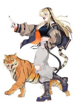 1girl :d absurdres black_nails black_streaks black_tank_top blonde_hair boots breasts commentary_request drawstring earrings fang fingernails from_side full_body glasses grey_boots grey_pants halter_shirt halterneck hand_on_own_hip highres hololive hololive_dev_is jacket jewelry klai knee_cutout koganei_niko koganei_niko_(1st_costume) lace-up_boots layered_shirt letterman_jacket long_finger long_fingernails long_hair medium_breasts midriff multicolored_hair nail_polish navel open_mouth pants pointing profile roots_(hair) round_eyewear see-through_clothes see-through_shirt shirt signature simple_background skin_fang smile solo standing standing_on_one_leg sukajan sweatpants tank_top tiger torn_clothes torn_pants two-tone_hair virtual_youtuber white_background