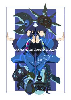 1boy 1girl absurdres black_hair blue_jacket blue_pants border bronzong brother_and_sister cccacademia character_name claydol closed_eyes closed_mouth commentary_request gen_2_pokemon gen_3_pokemon gen_4_pokemon gen_5_pokemon hair_bun highres jacket leg_up liza_(pokemon) lunatone nintendo outstretched_arms pants pokemon pokemon_(creature) pokemon_oras short_hair siblings sigilyph signature solrock tate_(pokemon) white_border xatu