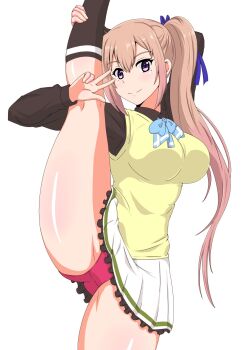 1girl arm_behind_head blonde_hair breasts copyrobot flexible highres kawakami_mai large_breasts leg_grab leg_lift leg_up long_hair looking_at_viewer musaigen_no_phantom_world panties pantyshot purple_eyes school_uniform side_ponytail skirt solo sweater underwear v