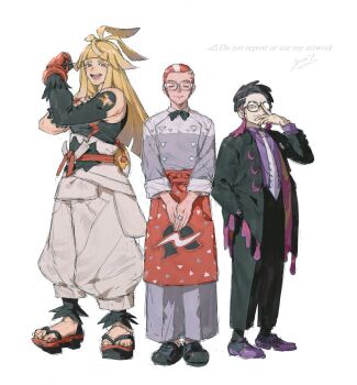 3boys 91007 apron arm_up arms_up belt black-framed_eyewear black_bow black_bowtie black_shoes blonde_hair blunt_bangs bow bowtie closed_eyes coat collared_shirt colored_eyelashes commentary_request corbeau_(pokemon) detached_sleeves glasses gloves grey_jacket grisham_(pokemon) hand_in_pocket highres ivor_(pokemon) jacket layered_sleeves long_hair long_sleeves looking_at_viewer male_focus multicolored_hair multiple_boys necktie nintendo open_mouth own_hands_together pants parted_hair pokemon pokemon_legends:_z-a purple_shirt red_apron red_belt red_gloves red_hair round_eyewear sandals shirt shirt_tucked_in shoes short_hair sketch smile standing streaked_hair two-sided_coat two-sided_fabric watermark white-framed_eyewear white_background white_hair white_necktie white_pants wing_collar