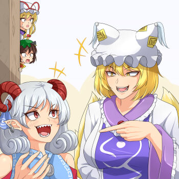 Rule 34 | 4girls, blonde hair, blue shirt, blue tabard, blush, breasts, brown hair, chen, chinese clothes, commentary, detached sleeves, dress, earrings, fox tail, goat horns, green hat, grey hair, hat, hat ribbon, hidaruma, highres, horns, jewelry, long hair, long sleeves, mob cap, multiple girls, multiple tails, open mouth, peeking, pointing, pointing at another, pointy ears, purple tabard, red eyes, red ribbon, red sleeves, red vest, ribbon, sharp teeth, shirt, short hair, sweatdrop, tabard, tail, teeth, touhou, toutetsu yuuma, vest, white dress, white hat, wide sleeves, yakumo ran, yakumo yukari, yellow eyes