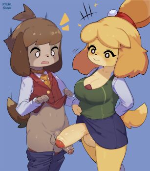 1boy 1futa absurdres animal_crossing blank_eyes blush breasts brother_and_sister cleavage closed_mouth clothes_lift clothes_pull digby_(animal_crossing) dog_boy dog_girl furry furry_female furry_male furry_with_furry futa_with_male futa_with_male futanari highres honey_calamari incest isabelle_(animal_crossing) large_breasts large_penis large_testicles lifting_own_clothes nintendo pants pants_pull penis penis_size_difference penises_touching red_vest shirt siblings skirt skirt_lift smile standing tail testicles uncensored vest vest_lift white_shirt