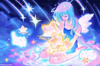 1girl barefoot cat closed_eyes creature dress falling_star feathered_wings full_body glowing holding light_blush light_particles light_smile long_hair looking_down multicolored_hair night original pastel_colors sitting sparkle star_(sky) star_(symbol) vicki_tsai wings