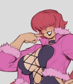 1girl breasts cleavage cleavage_cutout clothing_cutout curvy dress female_focus fluffy huge_breasts jacket large_breasts long_hair ocorvo_r ponytail red_hair shermie_(kof) smile the_king_of_fighters twintails