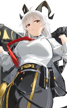 1girl absurdres black_eyes black_gloves black_horns black_pants breasts button_gap closed_mouth commentary cowboy_shot curled_horns earrings gloves grey_hair hair_between_eyes high-waist_pants highres horns jewelry key_earrings large_breasts long_hair looking_at_viewer mole mole_under_eye multicolored_eyes multicolored_hair necktie nun178089 pants red_eyes red_necktie shirt shirt_tucked_in simple_background solo streaked_hair two-tone_eyes white_background white_shirt wuthering_waves zani_(wuthering_waves)