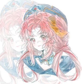 1girl absurdres blue_collar blue_hanfu blue_hat brown_eyes chinese_clothes chinese_commentary closed_mouth collar commentary_request cropped_shoulders detached_collar eyelashes floral_print hair_rings hanfu happy hat highres infinity_nikki jiangshi_costume lipstick long_hair looking_ahead makeup mandarin_collar messy_hair nighttime_whisper_(infinity_nikki) nikki_(nikki) nikki_(series) ofuda ofuda_on_head parted_bangs pink_hair pink_lips print_headwear qingdai_guanmao qingqing_duyi sidelocks smile solo sparkle sparkling_eyes white_background zoom_layer