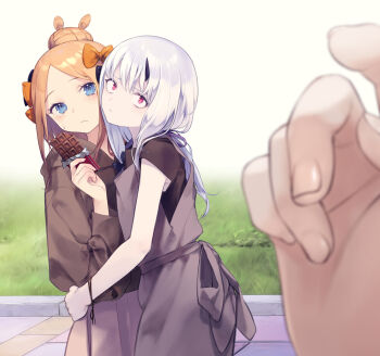 Rule 34 | 2girls, abigail williams (fate), abigail williams (traveling outfit) (fate), absurdres, alternate costume, black bow, black shirt, blonde hair, blue eyes, blush, bow, breasts, candy, chocolate, chocolate bar, commentary request, daisi gi, fate/grand order, fate (series), food, forehead, grey overalls, grey skirt, hair bow, hair bun, highres, hooded shirt, horns, hug, lavinia whateley (fate), long hair, long sleeves, multiple girls, orange bow, overalls, parted bangs, pointing, pointing at self, pov, purple eyes, shirt, short sleeves, single horn, skirt, small breasts, white hair, wide-eyed