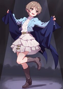 1girl :d absurdres black_boots blue_jacket boots brown_hair commentary_request cream_(nipakupa) full_body grey_eyes harumiya_yukuri high_heel_boots high_heels highres ikizulive!_love_live!_bluebird jacket layered_skirt long_sleeves love_live! miniskirt open_clothes open_jacket open_mouth ribbed_sweater short_hair skirt smile solo standing standing_on_one_leg sweater teeth turtleneck turtleneck_sweater upper_teeth_only white_skirt white_sweater