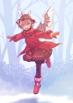 Rule 34 | 1girl, :d, alternate costume, animal ears, bird ears, black leggings, blush, boots, bow, brown eyes, brown hair, brown hat, brown skirt, brown wings, buttons, coat, commentary request, feathered wings, floating, foliage, footwear bow, forest, full body, gloves, grey background, hat, leggings, long sleeves, mystia lorelei, nature, open mouth, orange gloves, outstretched arms, plaid clothes, plaid scarf, rangycrow, red boots, red coat, red scarf, scarf, short hair, skirt, smile, solo, spread arms, touhou, tree, wings, winter, winter clothes, winter coat