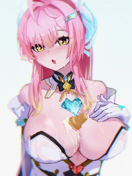 1girl 37sanshiqi absurdres aemeath_(wuthering_waves) ahoge bare_shoulders blush breasts chinese_commentary cleavage collarbone commentary_request detached_collar elbow_gloves food food_on_body food_on_breasts food_on_face gloves hair_between_eyes hair_intakes hair_ornament hand_on_own_chest headgear highres ice_cream large_breasts leotard long_hair looking_at_viewer open_mouth pink_hair ponytail see-through_body sidelocks simple_background solo standing star-shaped_pupils star_(symbol) strapless strapless_leotard symbol-shaped_pupils tacet_mark_(wuthering_waves) upper_body white_background white_gloves white_leotard wuthering_waves yellow_eyes