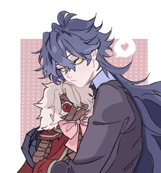 Rule 34 | 1boy, ahoge, black gloves, blue hair, button eyes, buttons, flins (genshin impact), genshin impact, gloves, heart, highres, holding puppet, long hair, long sleeves, looking at viewer, male focus, messy hair, pink ribbon, puppet, rerir (genshin impact), ribbon, romevey, speech bubble, white hair, yellow eyes