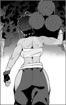 1girl ahoge back_muscles backboob bandages beads breasts carrying_over_shoulder carrying_tree clothing_cutout dark-skinned_female dark_skin fingerless_gloves forest from_behind gloves greyscale halftone hip_vent huge_breasts karmanseph log loose_pants monochrome nature original outdoors prayer_beads short_hair spiked_hair strapless tomboy toned toned_female tube_top walking