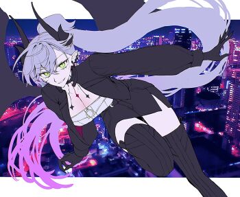 1girl black_thighhighs boots breasts commentary_request fate/grand_order fate_(series) gradient_hair green_eyes highres large_breasts lilith_(fate) lilith_(over_the_same_sky)_(fate) looking_at_viewer multicolored_hair neck_tattoo pink_hair ponytail popinnpp00 solo tattoo thigh_boots thighhighs white_hair