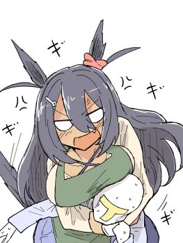1boy 1girl anger_vein animal_ears apron black_hair blank_eyes blue_pants blue_shirt breasts brown_shirt collarbone commentary_request dark-skinned_female dark_skin green_apron hair_between_eyes hair_ornament hairclip headlock highres hishi_amazon_(umamusume) horse_ears horse_girl horse_tail large_breasts long_hair long_sleeves nekomimi_sukinosuke pants shirt simple_background t-head_trainer_(umamusume) tail trainer_(umamusume) translation_request two_side_up umamusume v-shaped_eyebrows v-shaped_eyes very_long_hair white_background