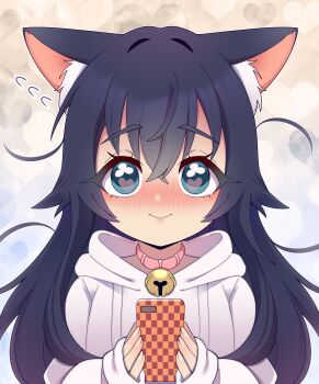 1girl absurdres animal_ear_fluff animal_ears bell black_hair blue_eyes blush cat_ears cat_girl collar commentary cosplay english_commentary erigo flying_sweatdrops hair_between_eyes heart heart-shaped_pupils heart_background highres holding holding_phone hood hood_down hoodie jingle_bell kemonomimi_mode kimi_no_koto_ga_dai_dai_dai_dai_daisuki_na_100-nin_no_kanojo long_hair long_sleeves messy_hair neck_bell nekonari_tama nekonari_tama_(cosplay) nose_blush phone pink_collar sleeves_past_wrists smile solo straight-on symbol-shaped_pupils upper_body white_hoodie yoshimoto_shizuka