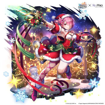 1girl asymmetrical_legwear back_bow bare_shoulders black_gloves bow breasts brick_road building character_snowman choker christmas christmas_lights christmas_ornaments christmas_star christmas_tree closed_mouth commentary crossover detached_sleeves dress english_commentary full_body fur-trimmed_dress fur_trim gem gloves green_bow hair_ornament hair_over_one_eye hair_ribbon hat highres holding holding_wand lamppost last_cloudia looking_at_viewer medium_breasts official_alternate_costume official_art pink_gem pink_hair puffy_sleeves ram_(re:zero) re:zero_kara_hajimeru_isekai_seikatsu red_dress red_eyes red_hat red_shoes ribbon ribbon_legwear santa_costume santa_dress santa_hat second-party_source shoes short_hair smile snow snowflakes snowman solo star_(sky) starry_sky_background wand x_hair_ornament