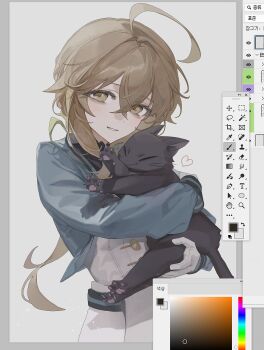 1girl absurdres adobe_photoshop ahoge animal animal_hug art_program_in_frame black_cat blue_jacket brown_hair button_dress buttons carrying cat crossed_bangs double-parted_bangs dress gloves hair_between_eyes hair_flaps heart highres huge_ahoge jacket k_0313_heaseong light_blush long_hair looking_at_viewer low_ponytail monica_everett nero_(silent_witch) parted_lips pawpads pet photoshop_(medium) ponytail school_uniform serendia_academy_school_uniform silent_witch upper_body whiskers white_dress white_gloves