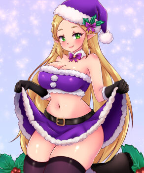 1girl absurdres alternate_costume bare_shoulders belt black_belt black_gloves black_thighhighs blonde_hair blush bow bowtie breasts cleavage closed_mouth clothes_lift commentary elf english_commentary fur-trimmed_gloves fur-trimmed_headwear fur-trimmed_skirt fur_trim gloves green_eyes hat hat_bow highres large_breasts long_hair looking_at_viewer navel nintendo paid_reward_available pointy_ears princess_zelda purple_bow purple_bowtie purple_hat purple_skirt skirt skirt_lift smile solo stomach sugarbell the_legend_of_zelda thighhighs thighs very_long_hair